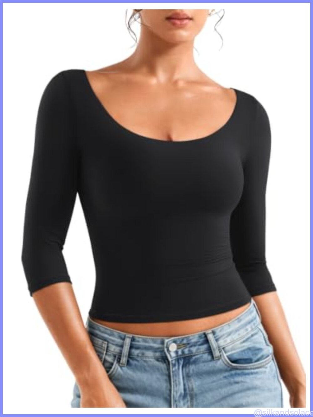 Womens 3/4 Sleeve Top Soft T Shirt Casual Slim Fit Reversible Scoop Neck